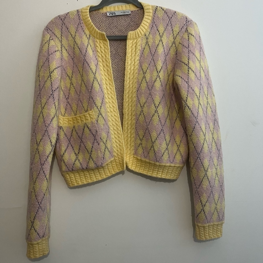 ZARA Pastel Argyle Knit Cropped Cardigan Yellow Lilac Open Front Size S